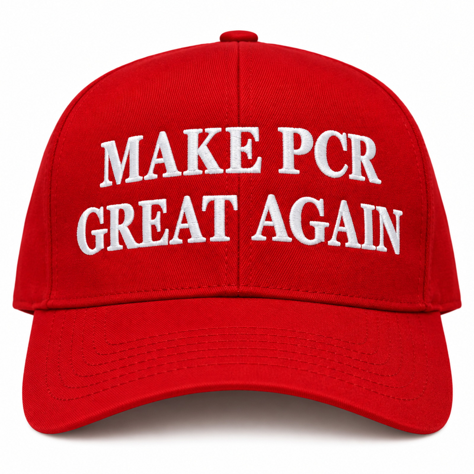 Red Flexfit structured cap · MAKE PCR GREAT AGAIN white 3D puff embroidery · tight reference crop
